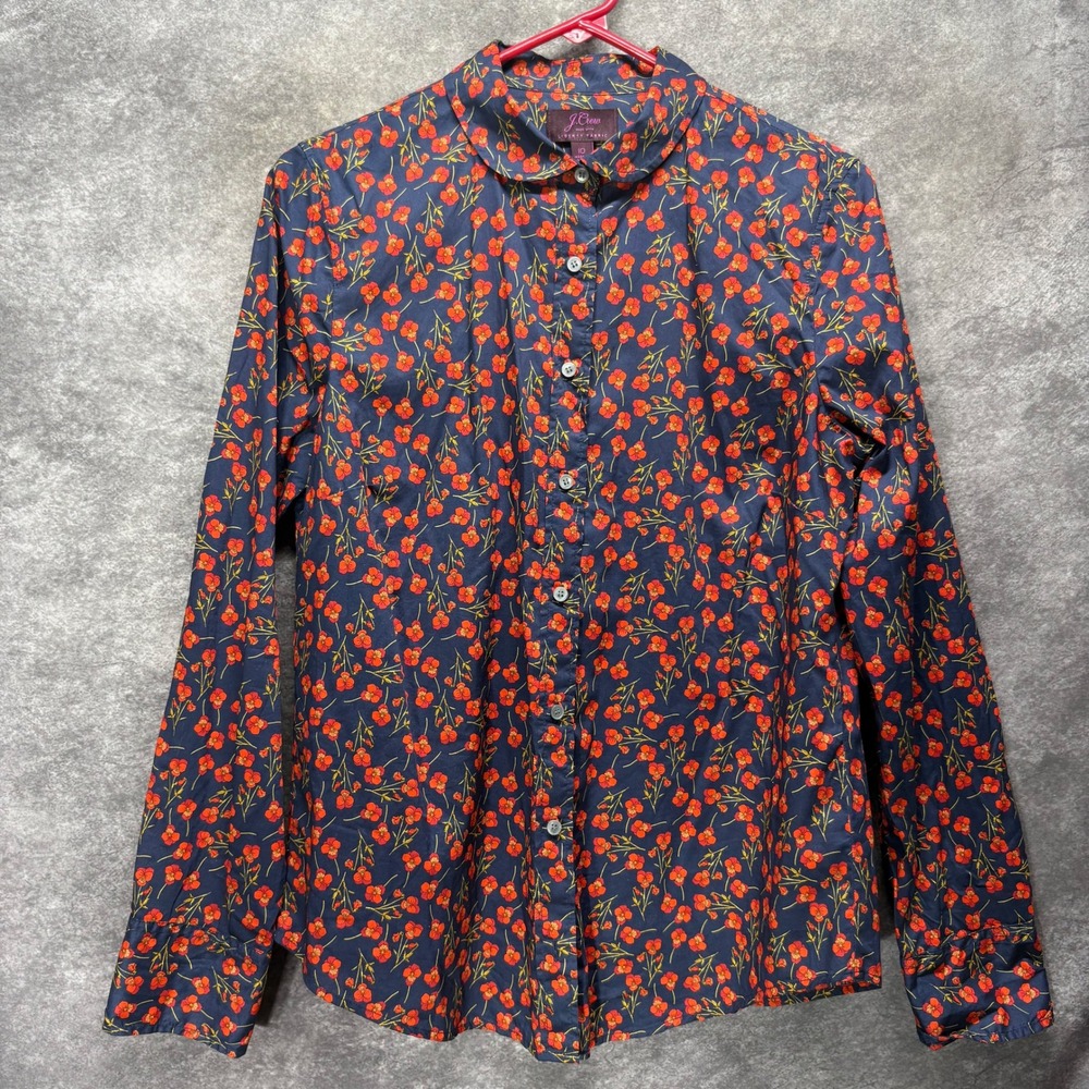 J.Crew Liberty Art Fabric Button Down Shirt Size 10 Floral Navy Peter Pan Collar